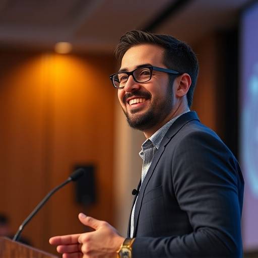 Foto de Lucas Pereira, palestrante, sorrindo no palco durante uma apresentaäão