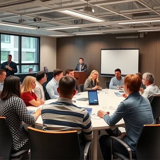 Pessoas participando de um workshop sobre apresentaäões de alto impacto em volta de uma mesa